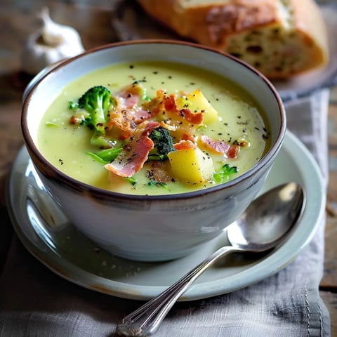 Velouté de brocoli au Boursin ail et fines herbes, chips de bacon