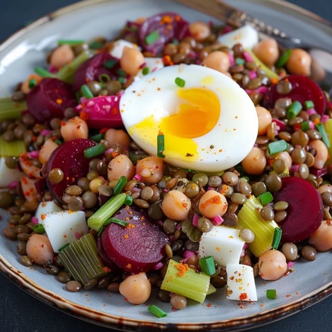 Salade de lentilles aux pois chiches, poireaux et betterave