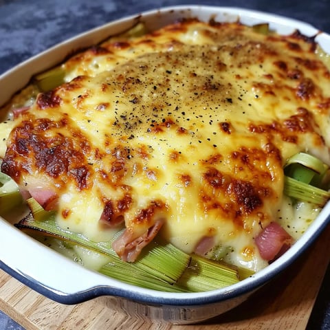 Gratin de poireaux au jambon et à la béchamel