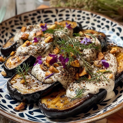 Recette d'Aubergines rôties à l'ail noir, yaourt et herbes