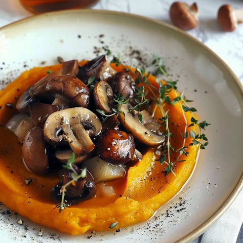 Fricassée de châtaignes et champignons, purée de courge aux 4 épices (vegan, sans gluten)