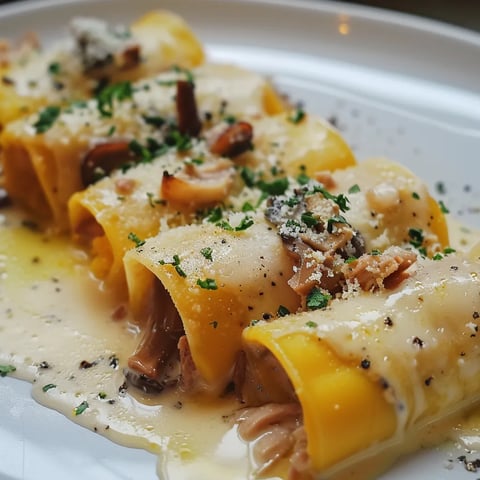 Cannelloni au Confit de Canard, Foie Gras et Purée de Potimarron au Parmesan