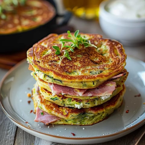 Pancakes à la courgette fourrés au chèvre et jambon