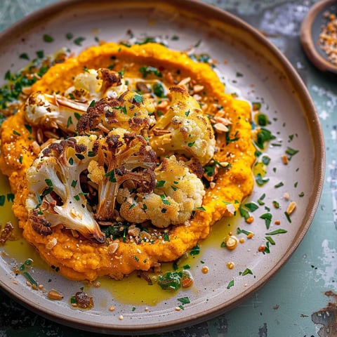Chou-fleur rôti et houmous de carottes