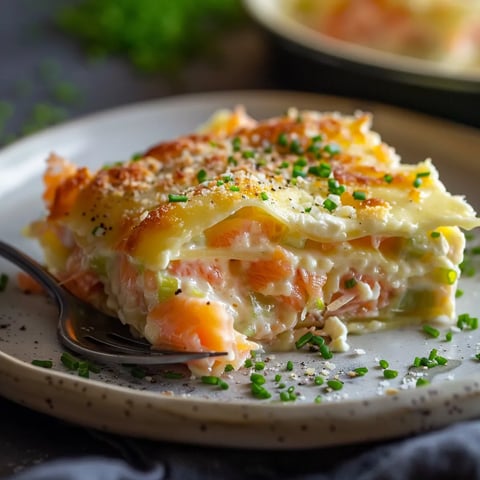 Gratin de ravioles au poireau et saumon fumé