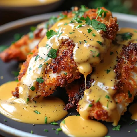 Poulet aux Bretzels et Sauce Moutarde-Cheddar