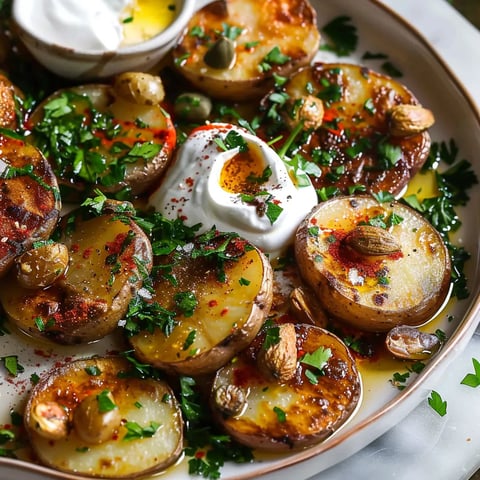 Pommes de Terre Croustillantes à l'Huile d'Ail avec Yaourt au Miel et à la Moutarde, et Salsa aux Herbes