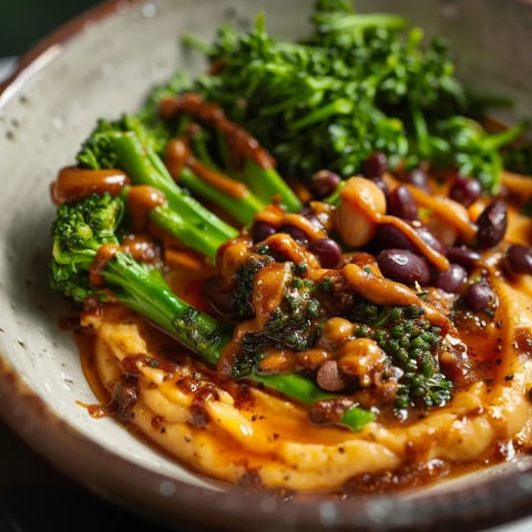 Bol de Patate Douce Fouettée au Miso et Tahini avec Haricots Épicés et Broccolini