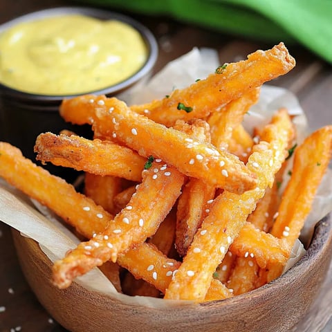 Frites de Patates Douces Tempura avec son Aïoli au Curry