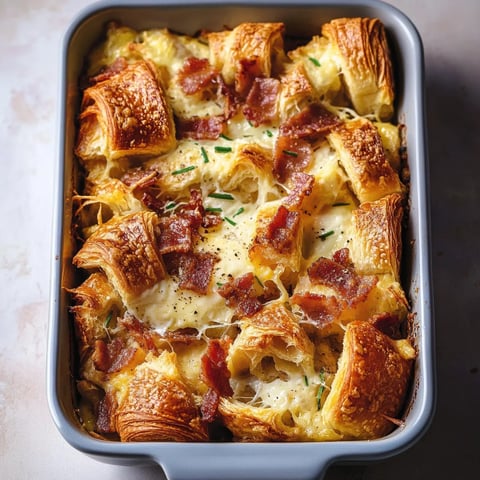 Gratin de Croissants pour le Petit-Déjeuner avec Bacon et Gruyère