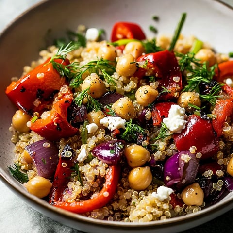 Salade de Poivrons Rouges Rôtis avec Quinoa, Pois Chiches et Feta