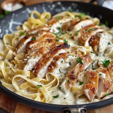 Des pâtes penne crémeuses avec du poulet et du persil sur une assiette.