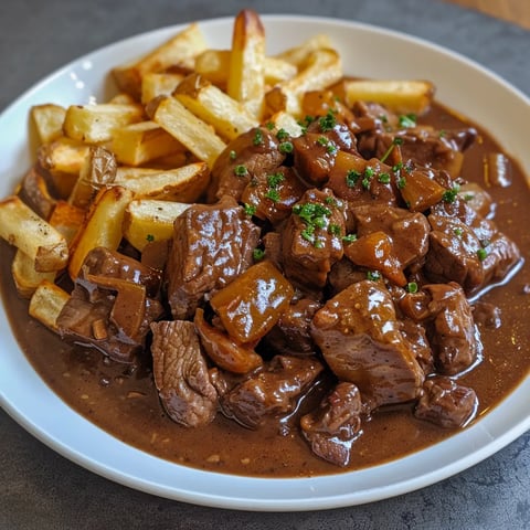 Plat de viande en sauce avec des pommes de terre rôties et des herbes fraîches sur une assiette blanche.