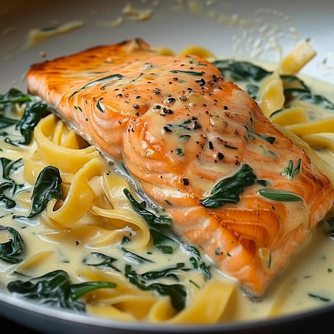 Saumon sauce épicée et épinards
