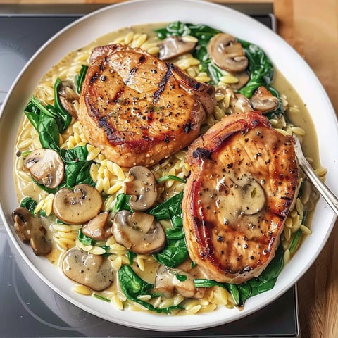 Côtelettes porc orzo champignons