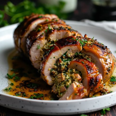 Un plat de viande roulée garnie de légumes, accompagnée de sauce et parsemée de persil frais.