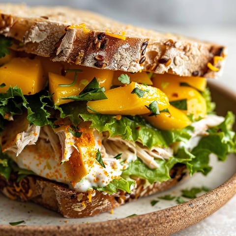 Un sandwich au poulet et mangue est présenté sur un plateau.