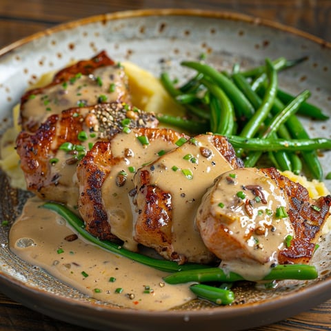 Une assiette de porc grillé avec une sauce à la crème et à la moutarde.