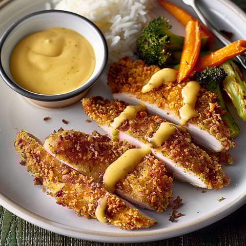 Une assiette de filets de dinde croustillants, sauce miel et moutarde, accompagnés de légumes grillés et de yaourts.