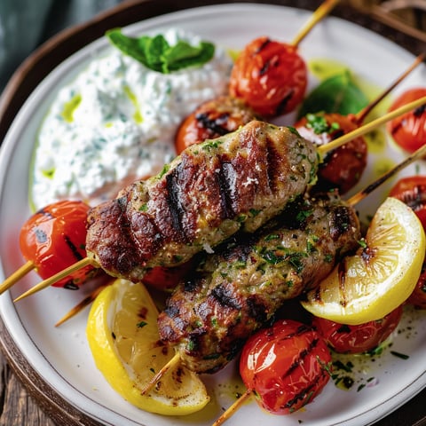 Une assiette de brochettes d'agneau avec des légumes et une sauce crémeuse.