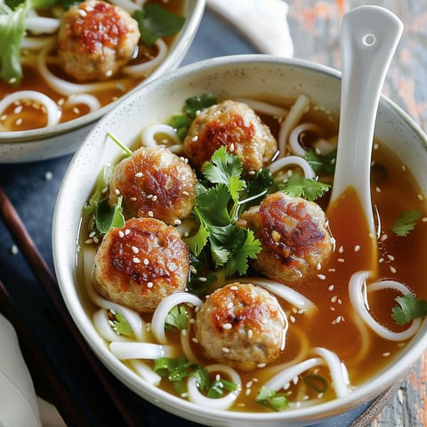 Soupe-repas aux boulettes de quinoa et porc, avec des herbes et des noodles.