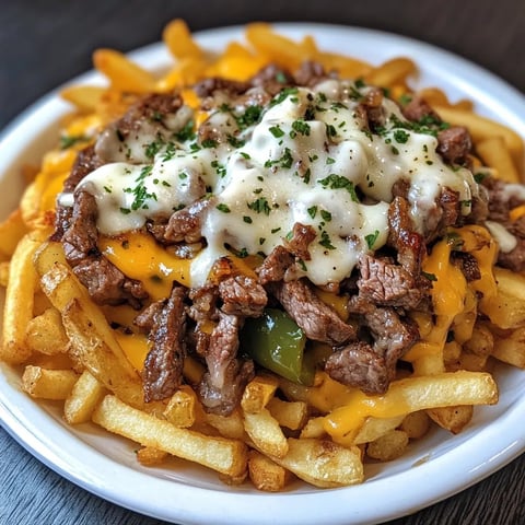 Une pile de frites steak fromage façon Philadelphie, avec des herbes et des épices, est servie sur un plateau en porcelaine.