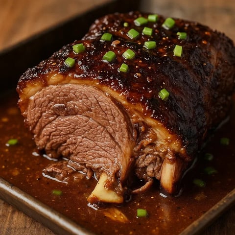 Une épaule d'agneau grillée, saupoudrée de miel et de persil, est servie dans un plat en métal.
