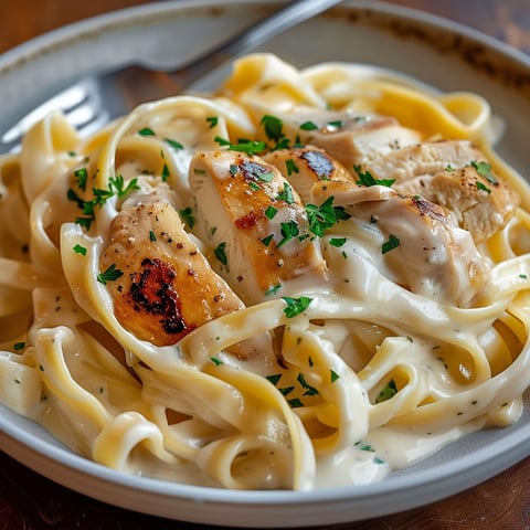 Une plate de tagliatelles au poulet et sauce au fromage ail et fines herbes.