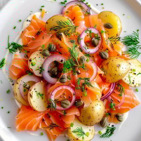 Une salade nordique d'été avec des pommes de terre, des oignons, des pains de moutarde, des herbes et du saumon fumé.