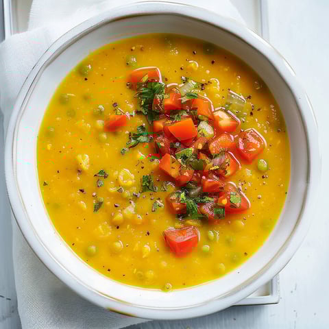 Une soupe de pois jaunes et tomates est servie dans un bol.