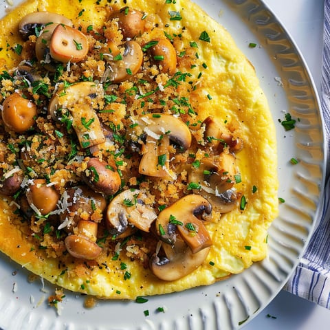 Une omelette aux champignons et chapelure aux herbes est servie sur un plateau.