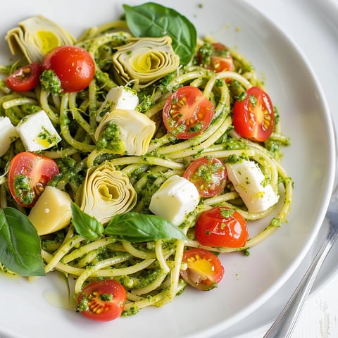 Une plate de spaghettis au pesto, aux artichauts et aux tomates cerises.