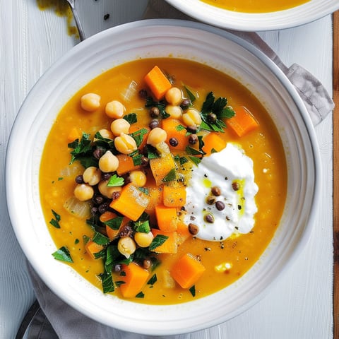 Une soupe chaude et épicée avec des légumes et des pois chiches.
