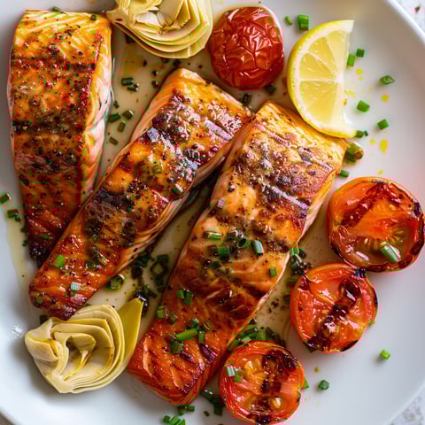 Saumon grillé, tomates confites et artichauts.