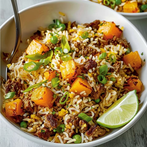 Un plat de riz frit au bœuf et à la courge, avec des légumes verts et des épices, est servie dans un bol blanc.