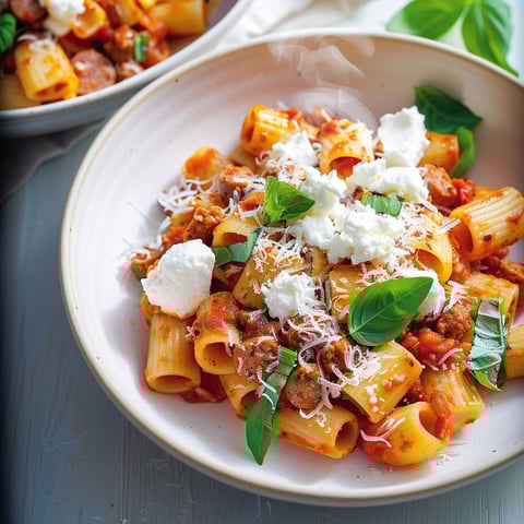 Une assiette de pâtes à la ricotta et à la saucisse, avec des herbes vertes et des légumes.