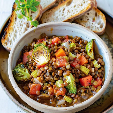 Une assiette de Ragoût de lentilles végétalien, avec des légumes tels que des carottes et des épinards, accompagnée de pain grillé.