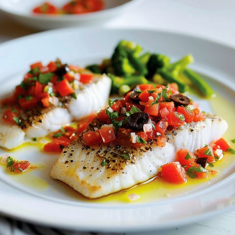 Poisson blanc avec sauce vierge aux olives.
