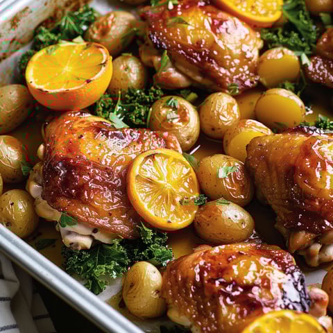 Un plat de poulet rôti avec des légumes et des oranges, accompagné d'un sauce au miel.