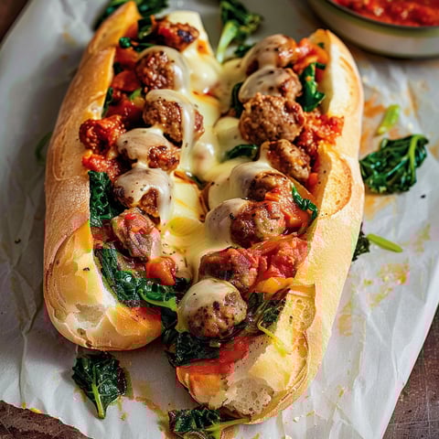 Un sandwich de saucisse et rapinis, avec une sauce tomate et des herbes.