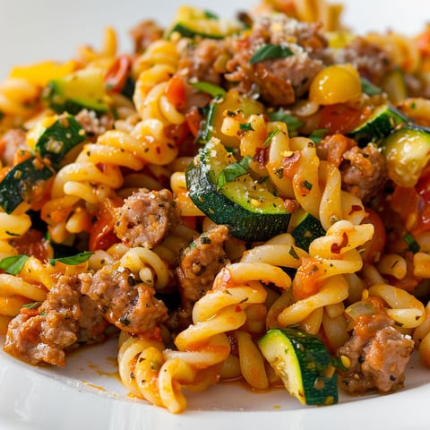 Une plate de pâtes aux saucisses et aux courgettes, avec des saucisses et des courgettes bien mélangées.