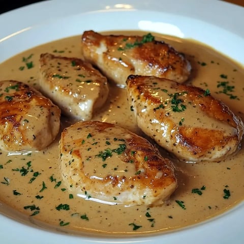 Filets de poulet flambés, sauce au beurre et à la crème, sur un plateau de porcelaine.