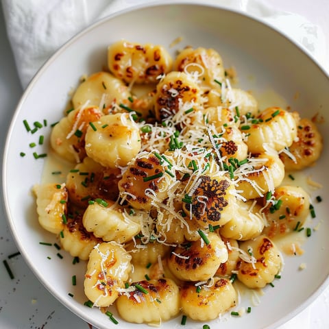 Une assiette de gnocchis caramélisés avec des herbes fraîches sur le dessus.