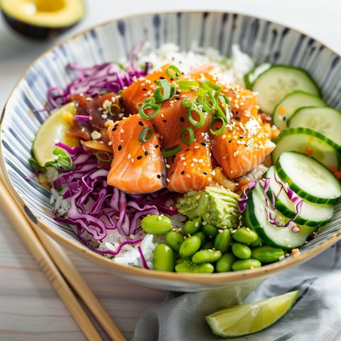 Bol aux edamames et saumon, une salade colorée et savoureuse, avec des légumes frais et du poisson grillé.