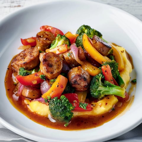 Une assiette de polenta et de saucisses, accompagnée de légumes, est servie sur une table.