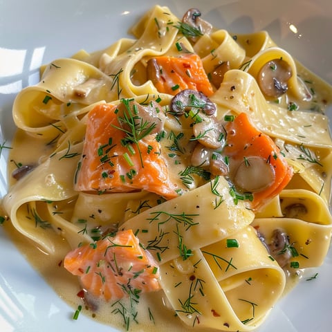 Une plate de pappardelles au saumon et aux shiitakes, avec des herbes fraîches et des champignons.