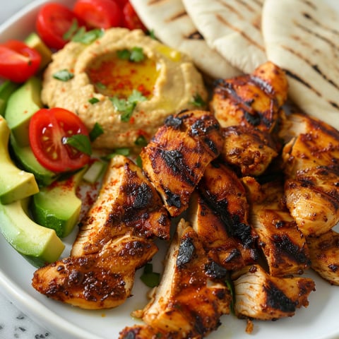Une plate de poulet grillé avec des légumes et du guacamole, accompagnée de pita et de sauce.