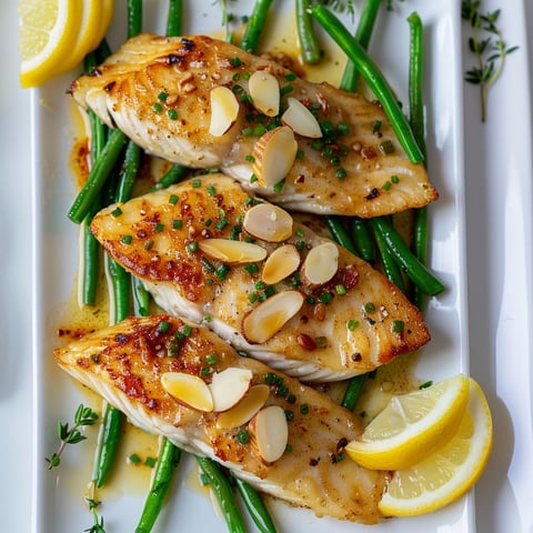 Sole amandine sur une plaque, avec des légumes verts et des citrons.