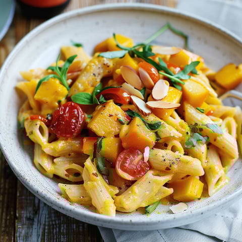Une assiette de pennes de blé entier avec des légumes et des épices, accompagnée d'une salade de tomates.