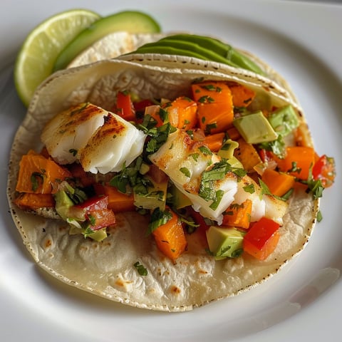 Un taco de poisson sur une plaque avec salsa à la coriandre.